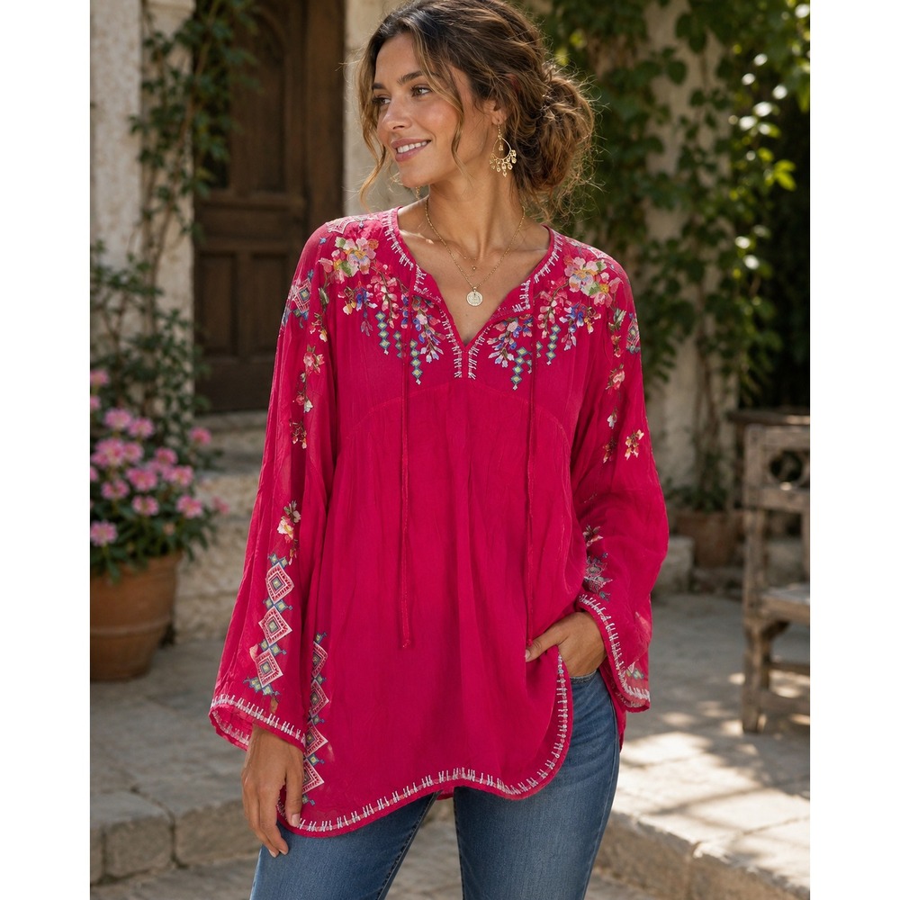 Johnny Was Tunic Top Pink Floral Embroidered Long Sleeve Boho Peasant XL